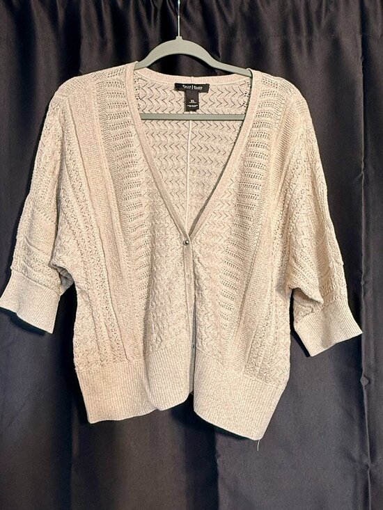 White House Black Market Sweaters - White House Black Market XL Metallic Shimmer Open Knit Cardigan Sweater Beige